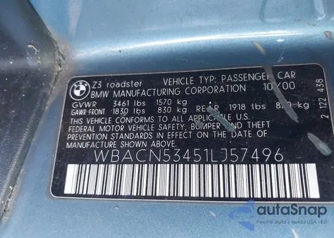 2001 BMW Z3 3.0I from USA, damaged, VIN WBACN53451LJ57496